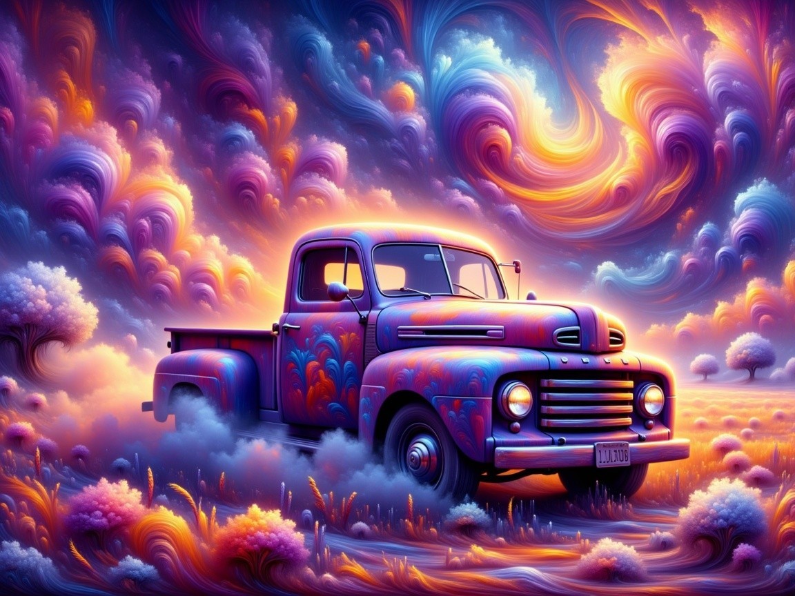 Vintage truck in a surreal, colorful landscape