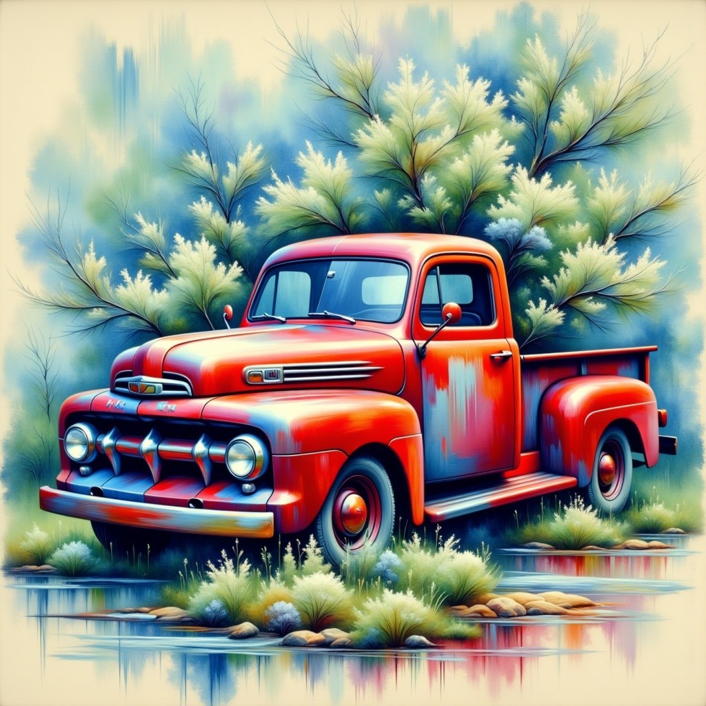 Vintage Red Truck Surrounded by Greenery and Water