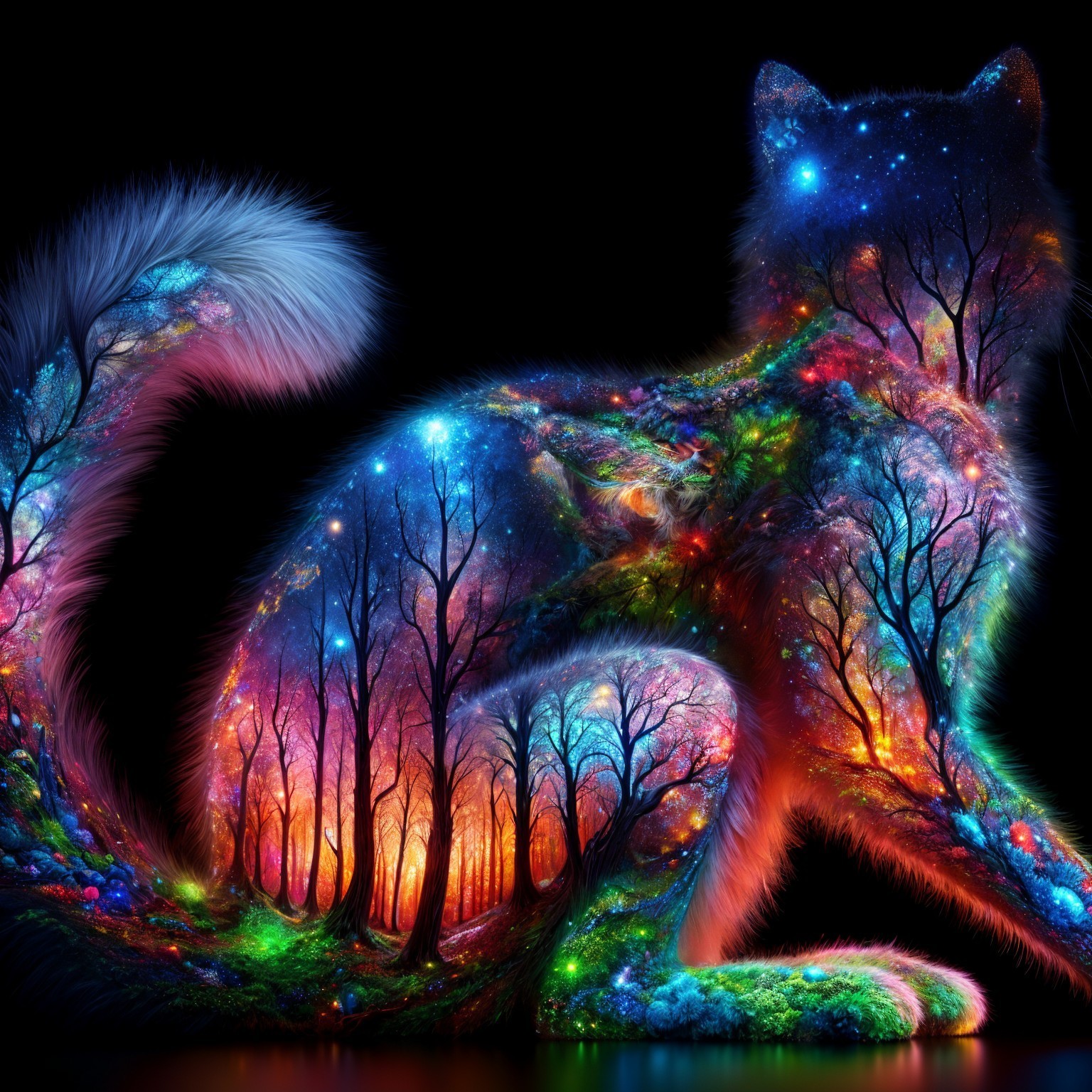 Cosmic Cat Silhouette with Starry Sky Elements