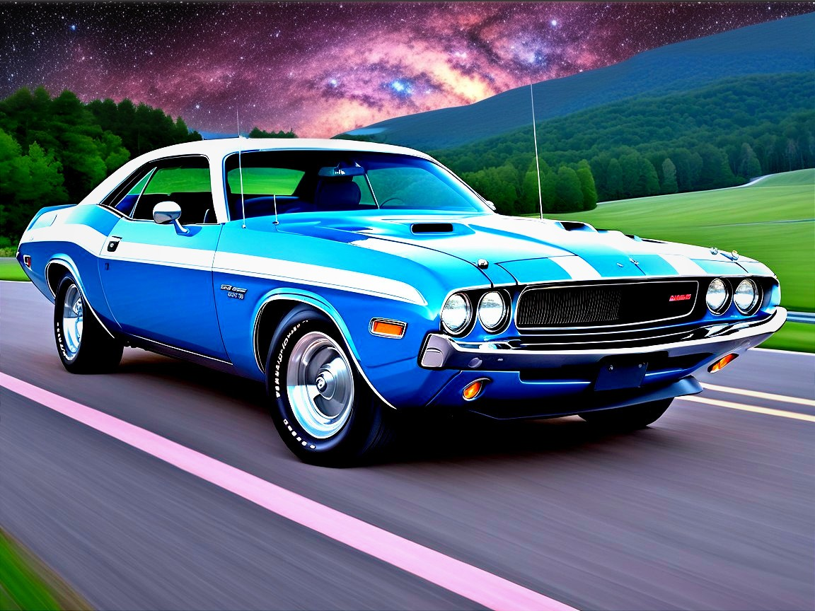 Blue Dodge Challenger with White Stripes at Dusk