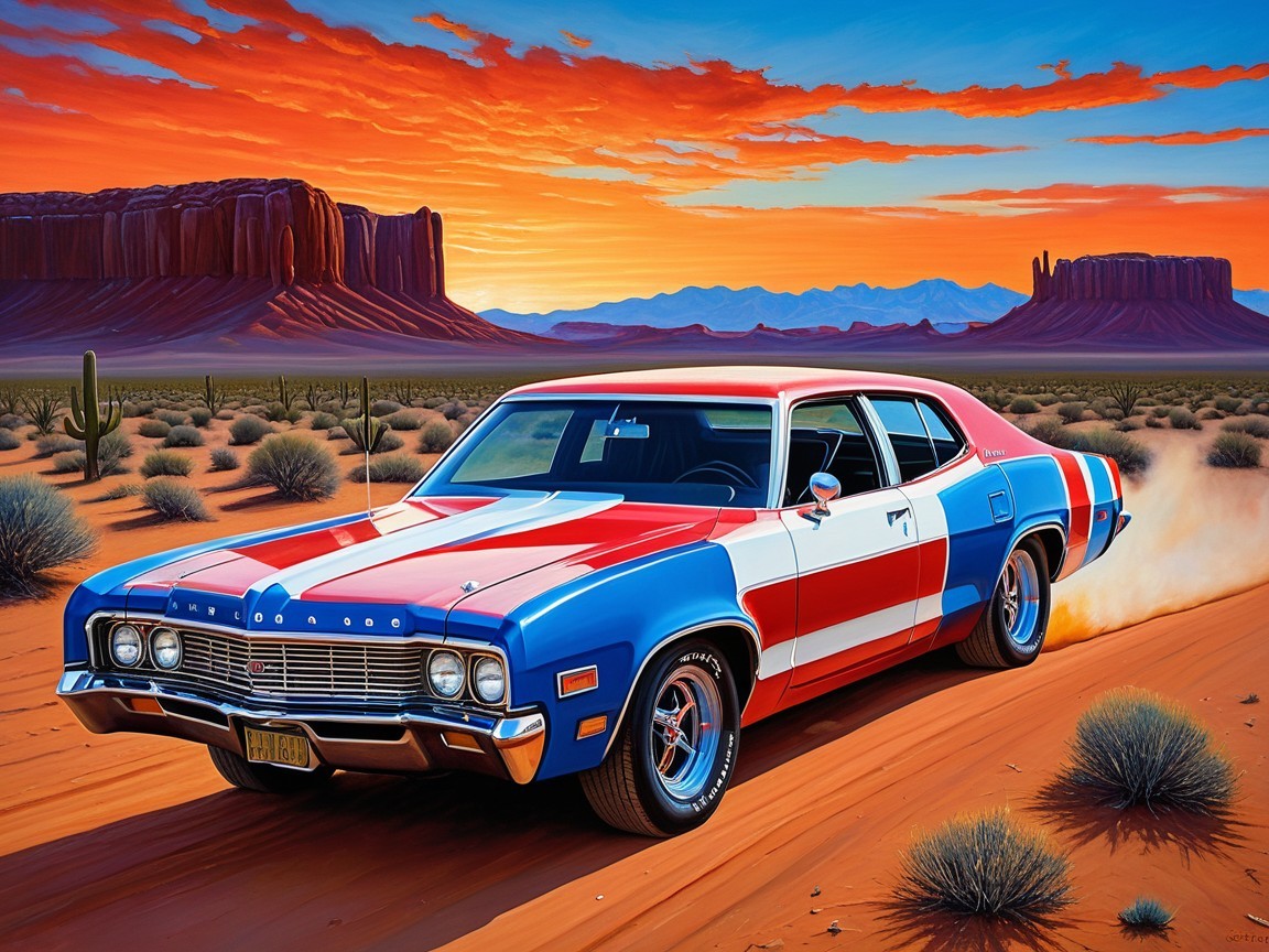 Classic Muscle Car in Desert at Sunset