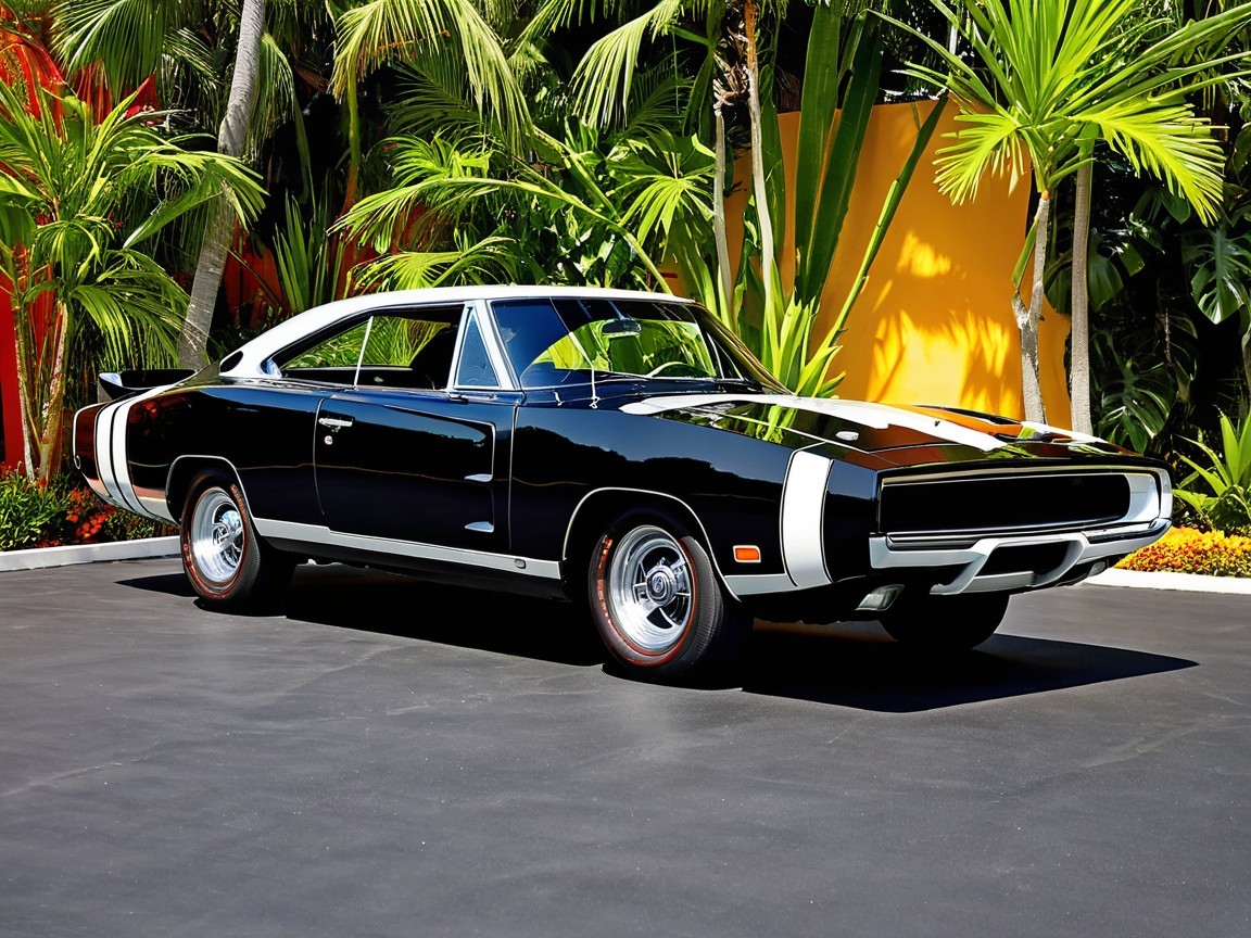 Classic Black and White Muscle Car in Tropical Setting