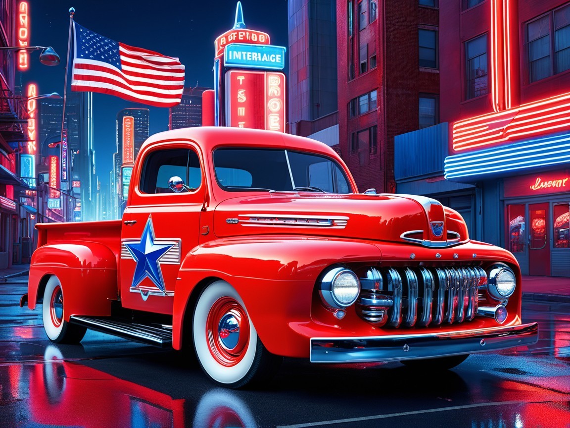 Retro Red Pickup Truck in Neon Urban Setting