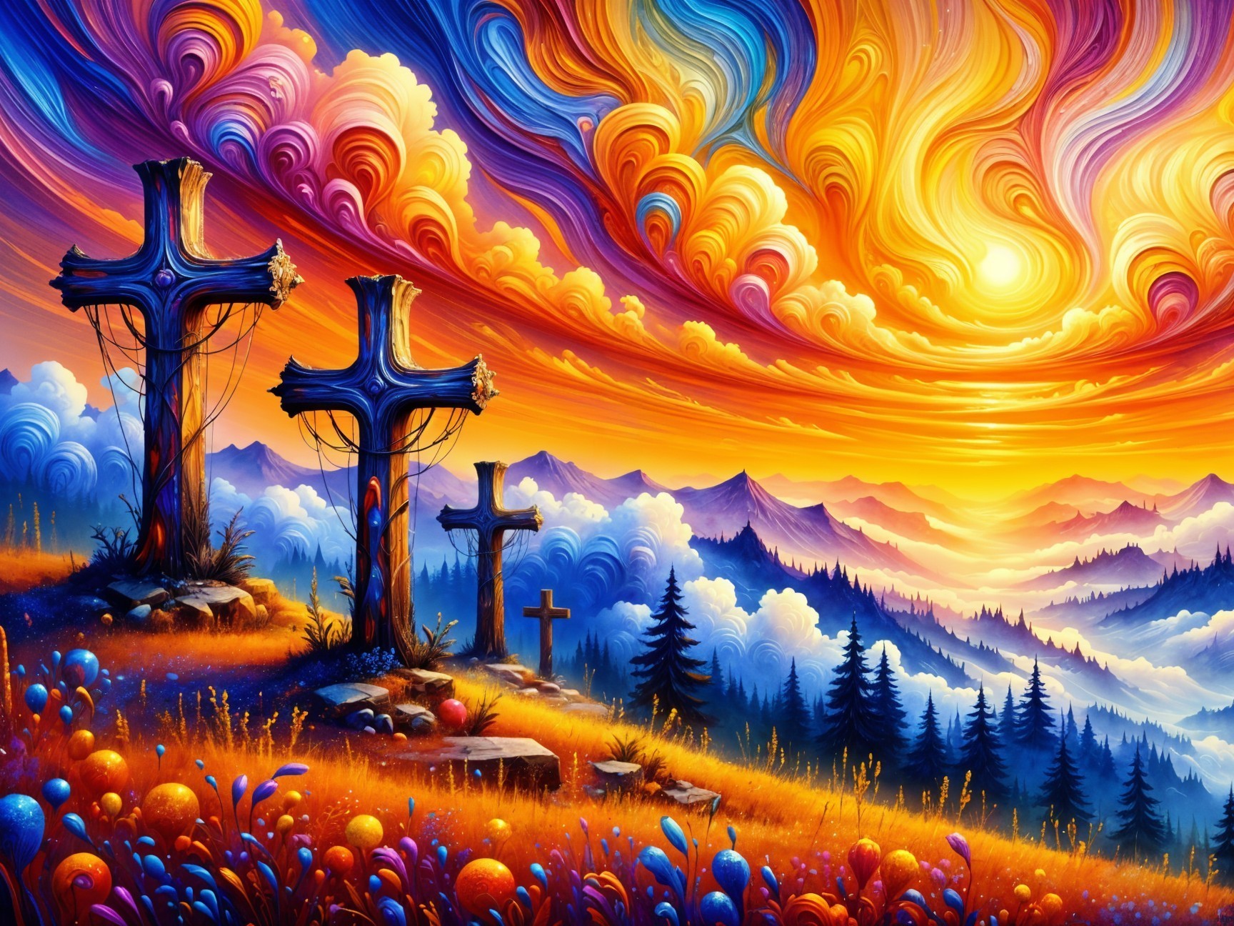 Vibrant Sunset with Crosses in Serene Landscape