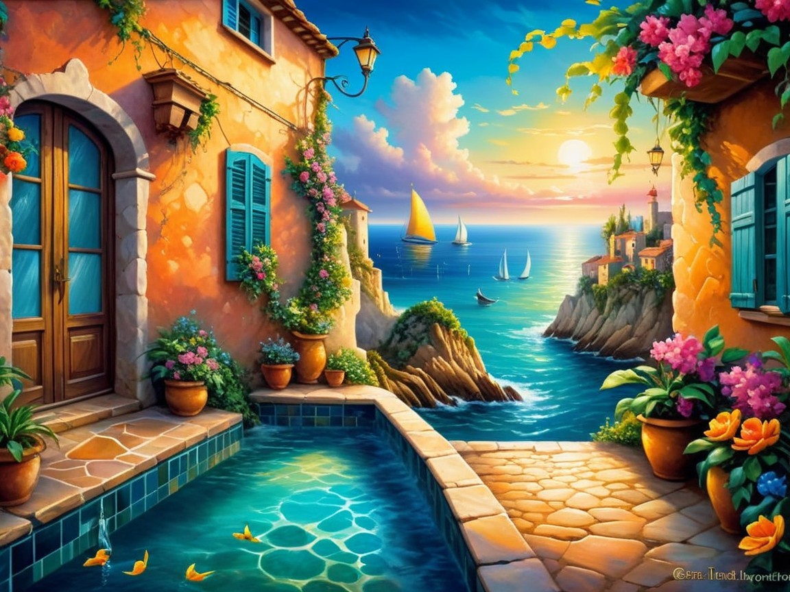 Coastal Sunset with Villa, Flowers, and Sailboats