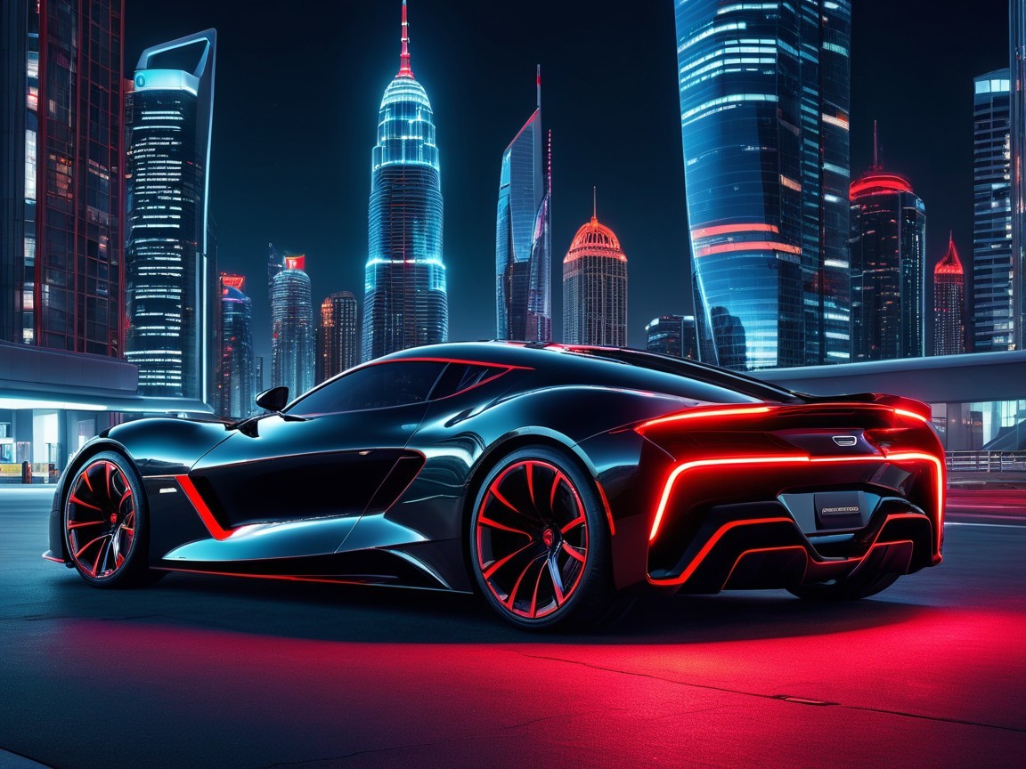 Futuristic Sports Car in Neon-Lit Cityscape at Night
