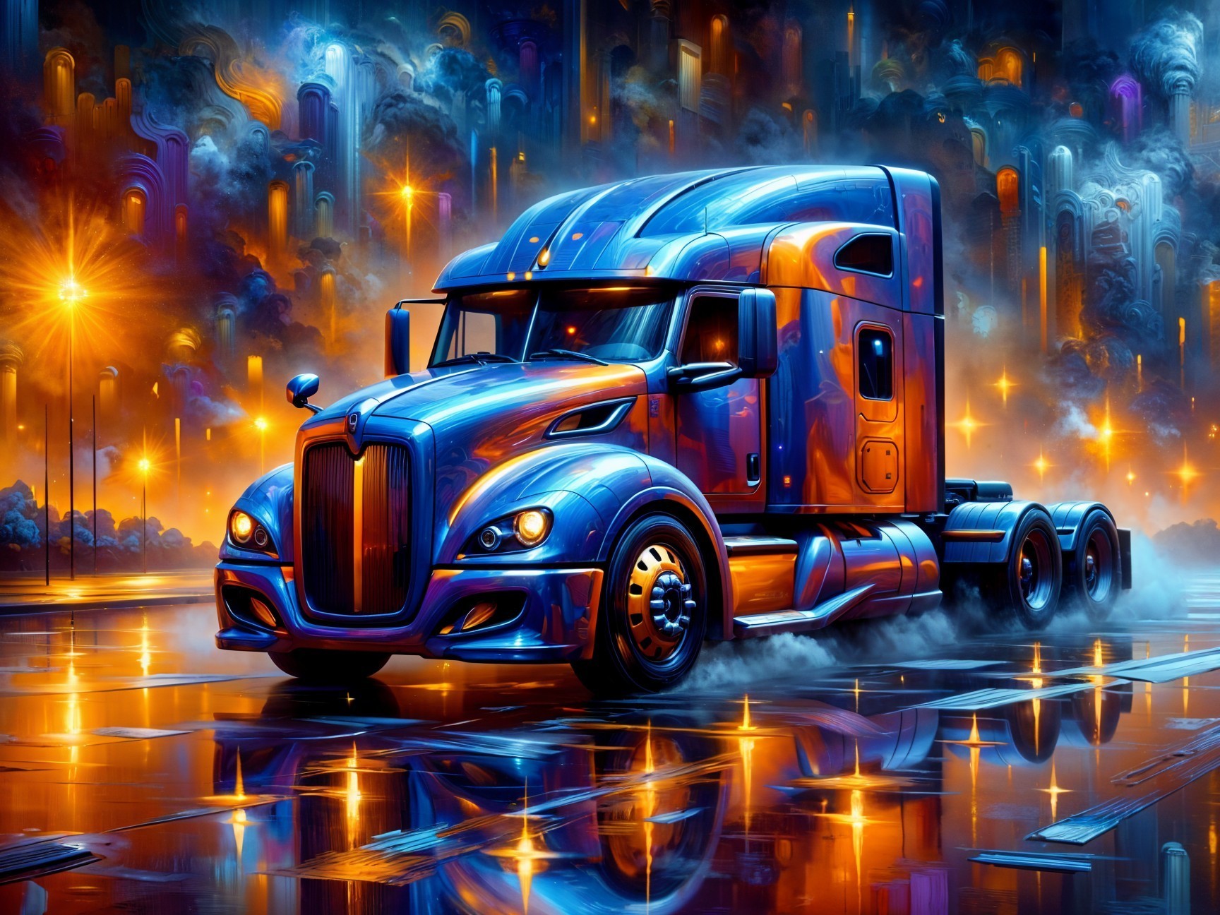 Futuristic blue truck with vibrant illuminated backdrop