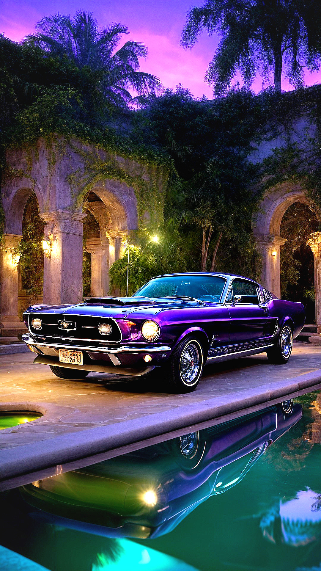 Purple Vintage Mustang by Reflective Pool at Twilight