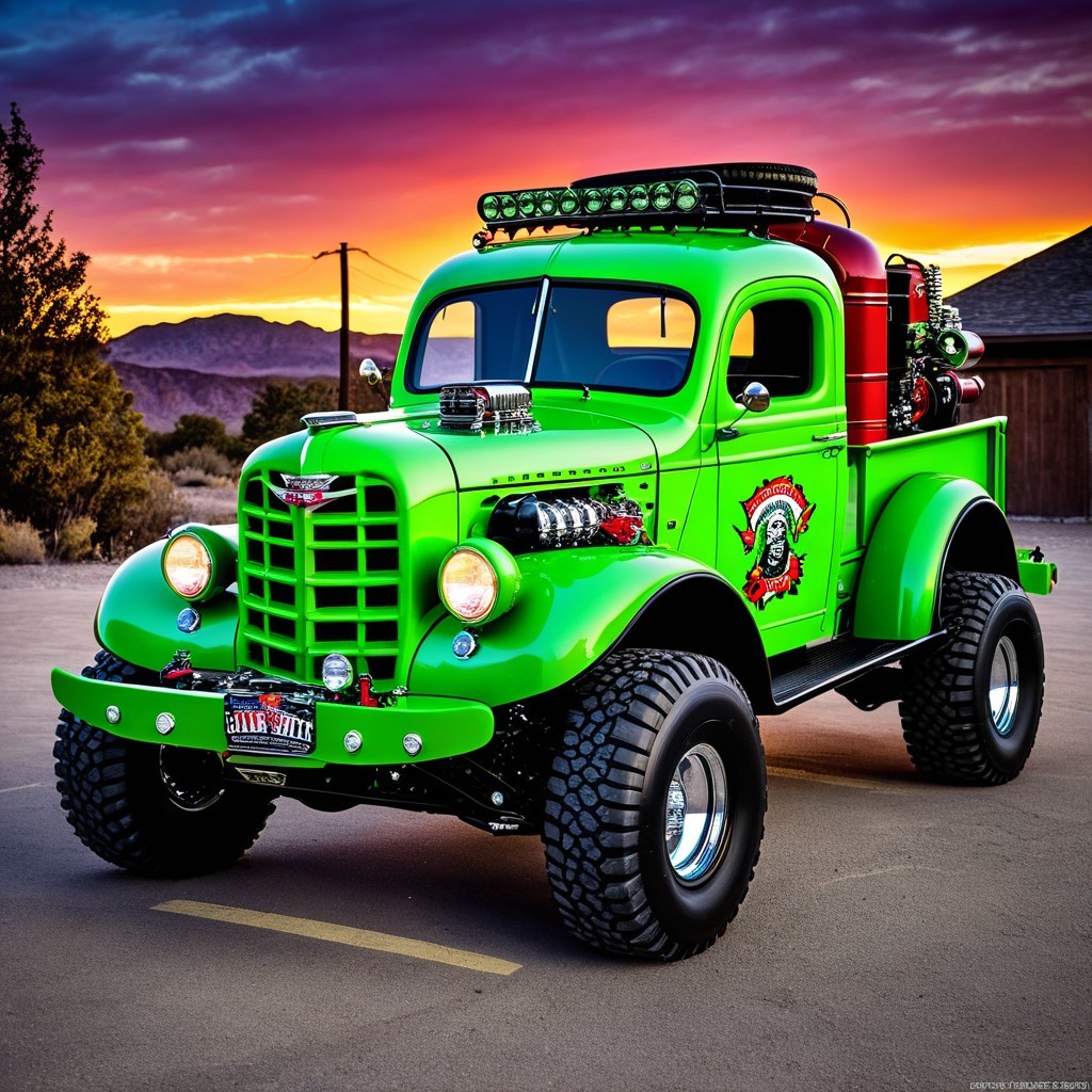 Vintage Green Truck Against Stunning Sunset Backdrop