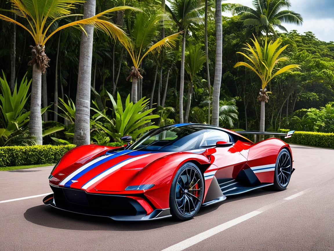 Red Supercar with Blue Stripes on Tropical Road
