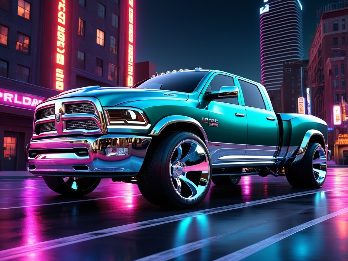 Customized Vibrant Truck in City Street at Night