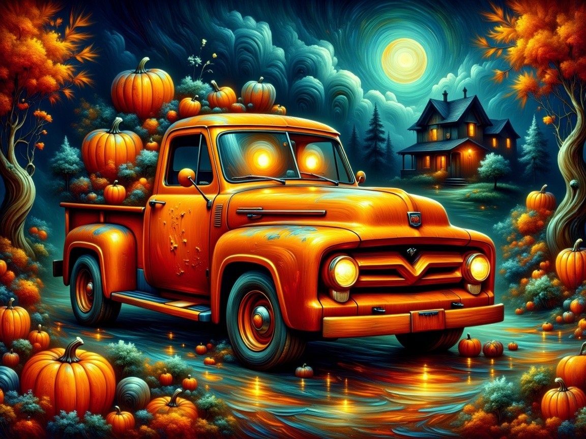 Orange Vintage Truck in Autumn with Pumpkins and Foliage