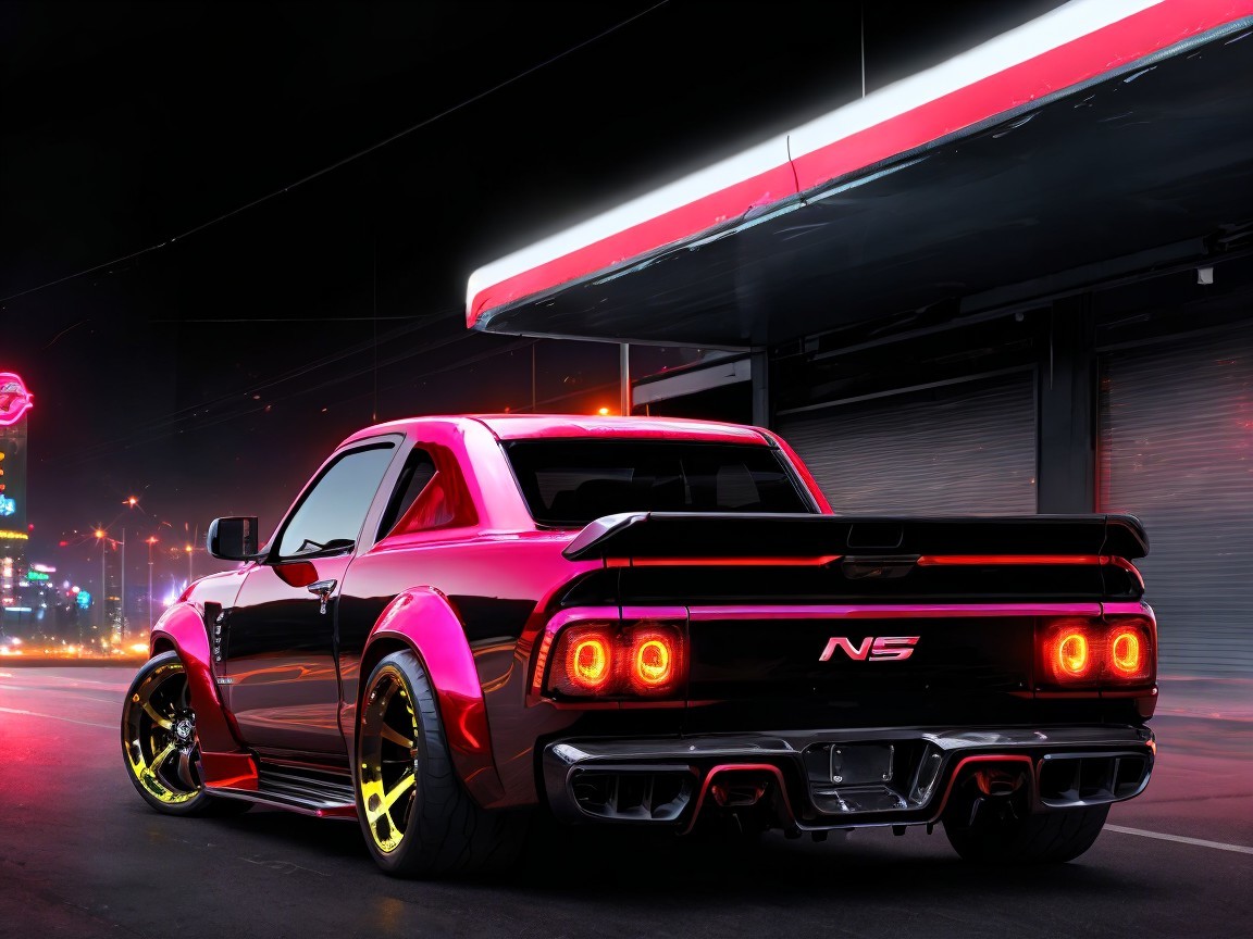 Modified Pink Sports Car in Urban Night Scene