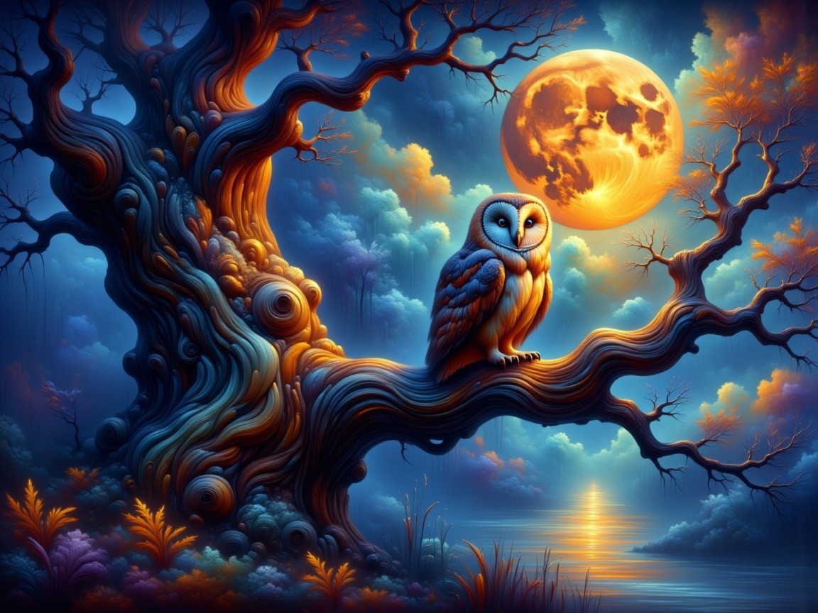 Surreal Night Scene with Owl and Vibrant Landscape