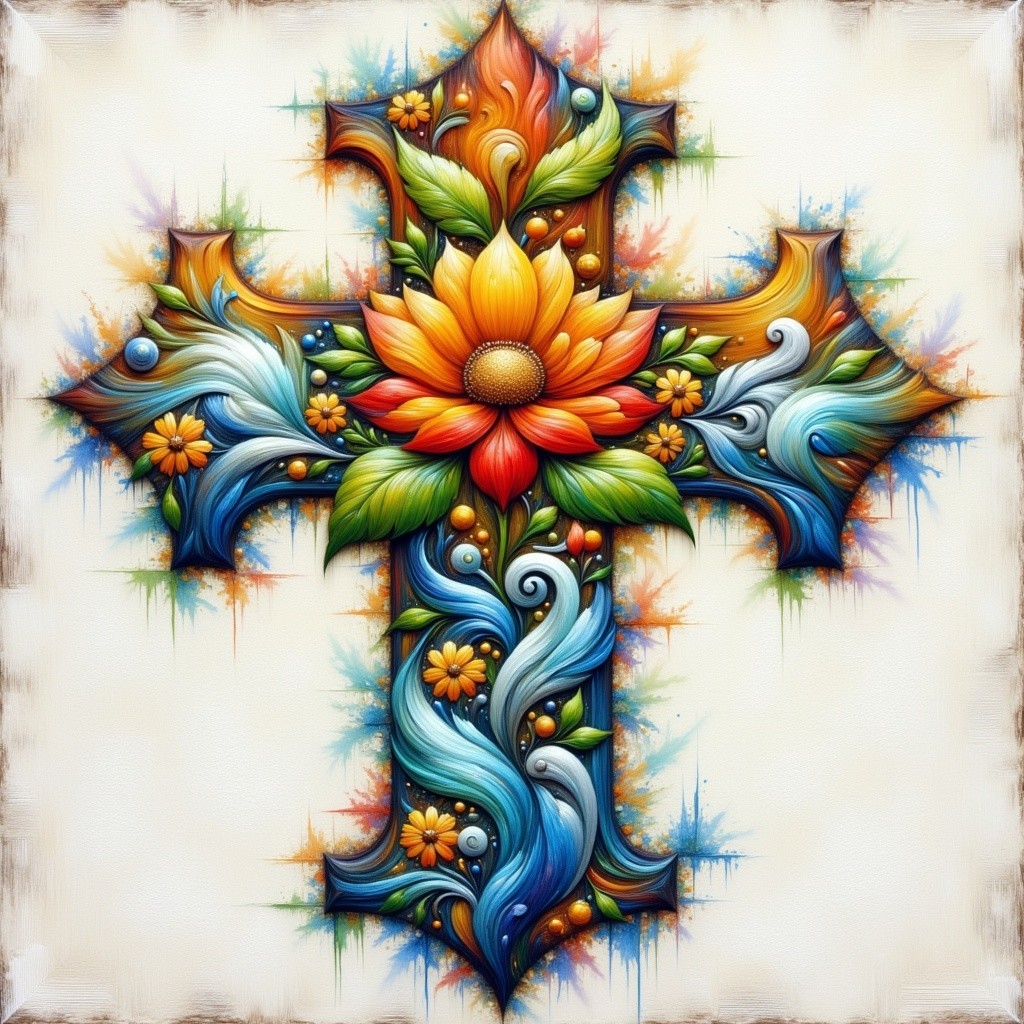Vibrant Floral Cross Design with Sunflower Centerpiece