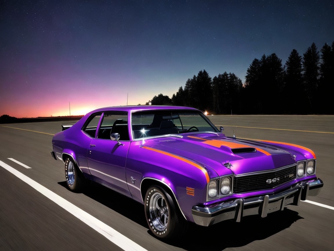 Vibrant Purple Classic Car on Empty Dusk Highway