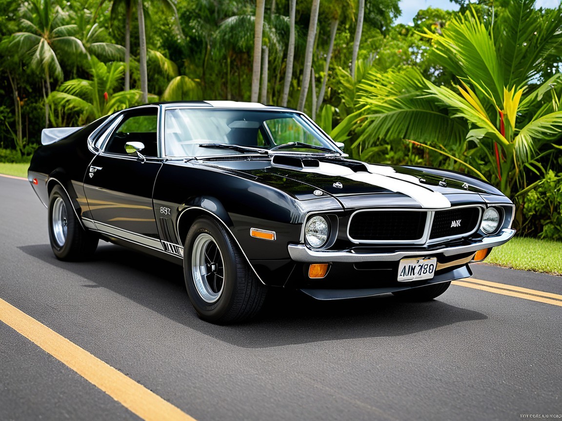 Classic Black Muscle Car with White Racing Stripes