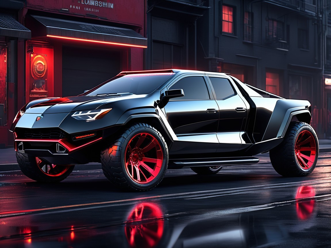 Futuristic black truck with red accents and bold design