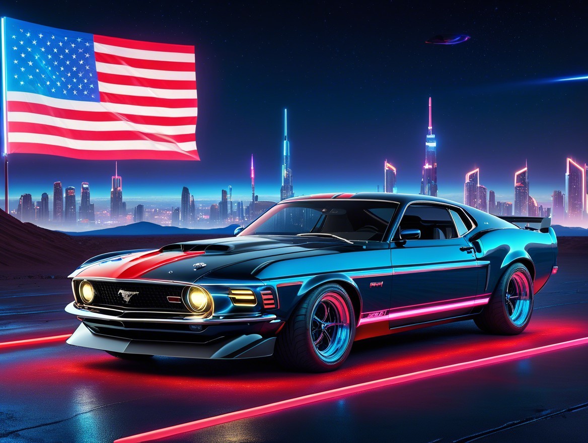 Vintage Muscle Car with Futuristic City Skyline