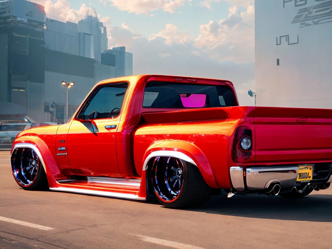 Vibrant Orange Pickup Truck with Chrome Accents