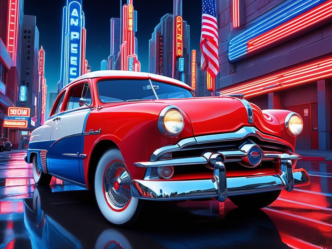 Vintage Car in Red, White, and Blue on Neon Street