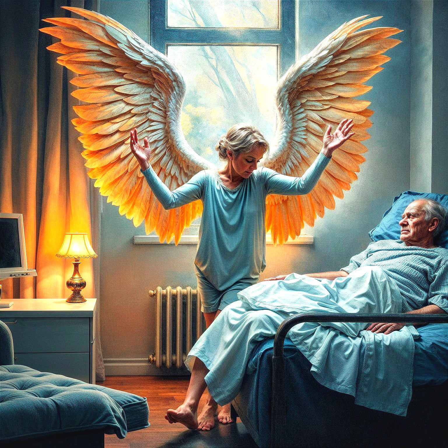 Ethereal Figure with Golden Wings Beside Elderly Man