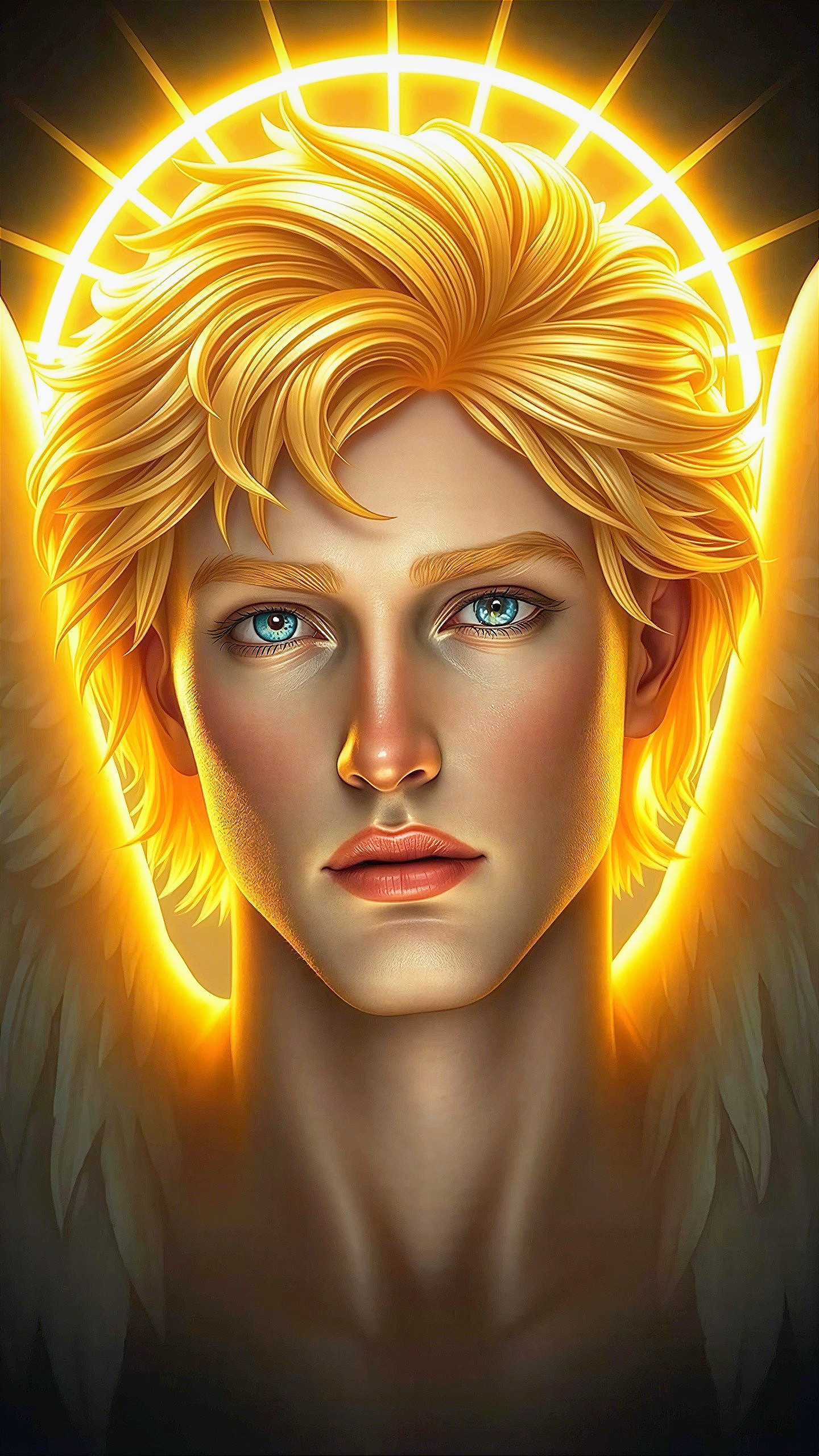 Portrait of a male angel with blue eyes and halo