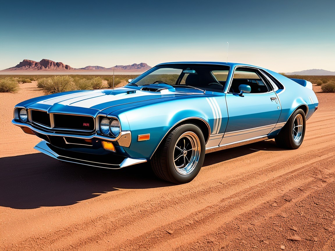 Classic Muscle Car in Blue with Racing Stripes