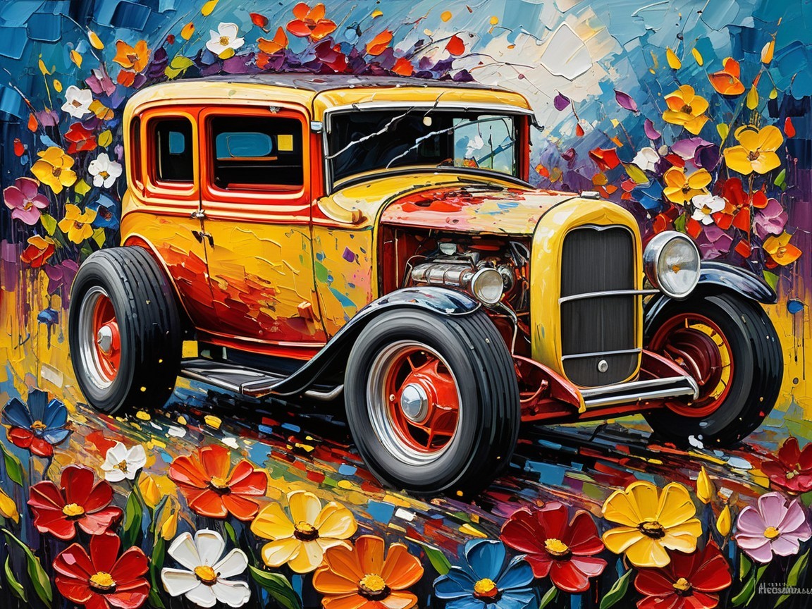 Classic Car with Colorful Floral Background