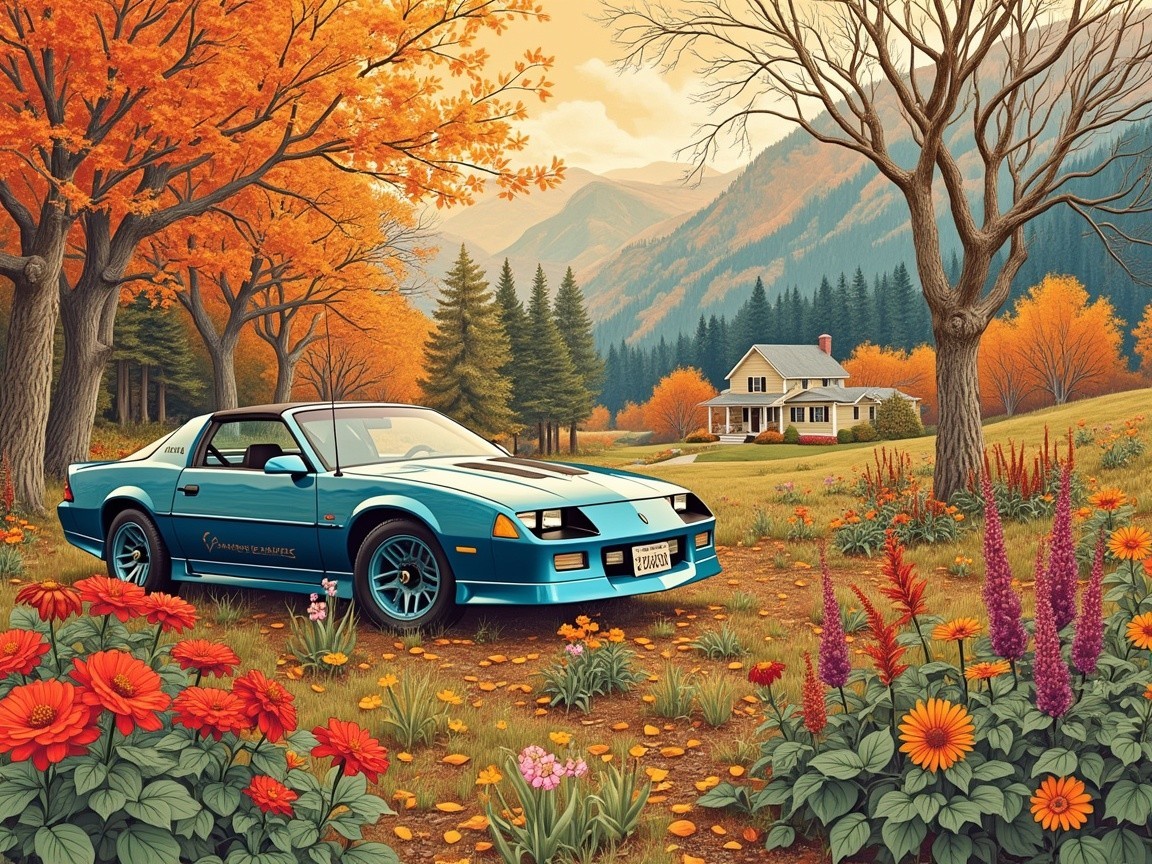 Blue Sports Car in Autumn Landscape with Flowers
