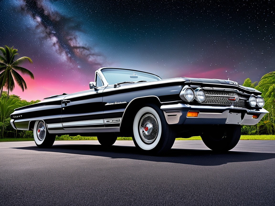Classic Black and White Convertible Under Starry Sky