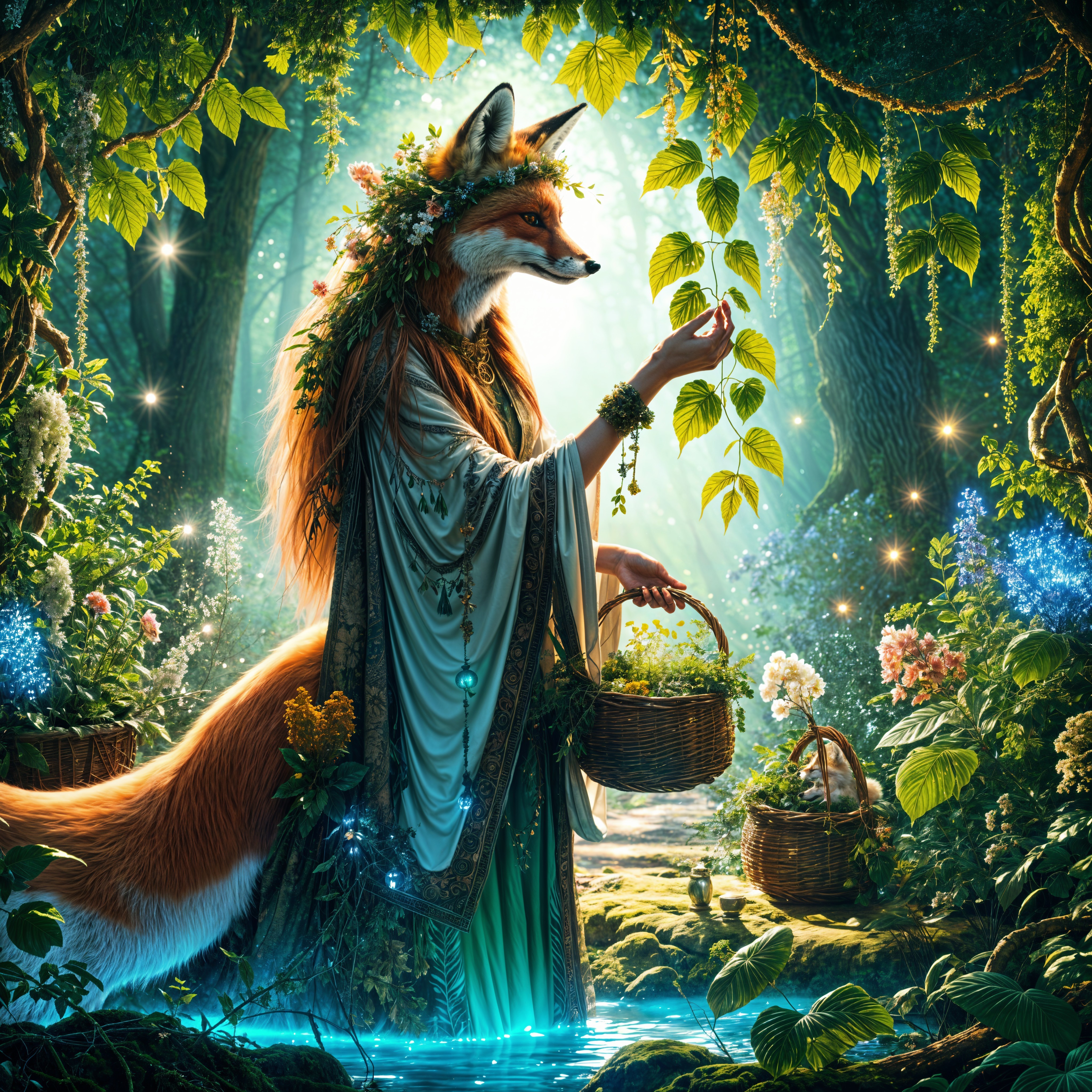 Majestic fox in floral crown amid enchanting forest