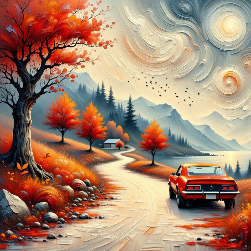 Vibrant Autumn Landscape with Classic Red Car