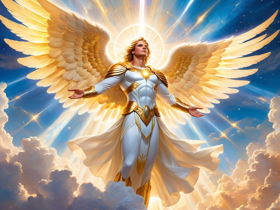 Majestic angel with golden wings in celestial setting