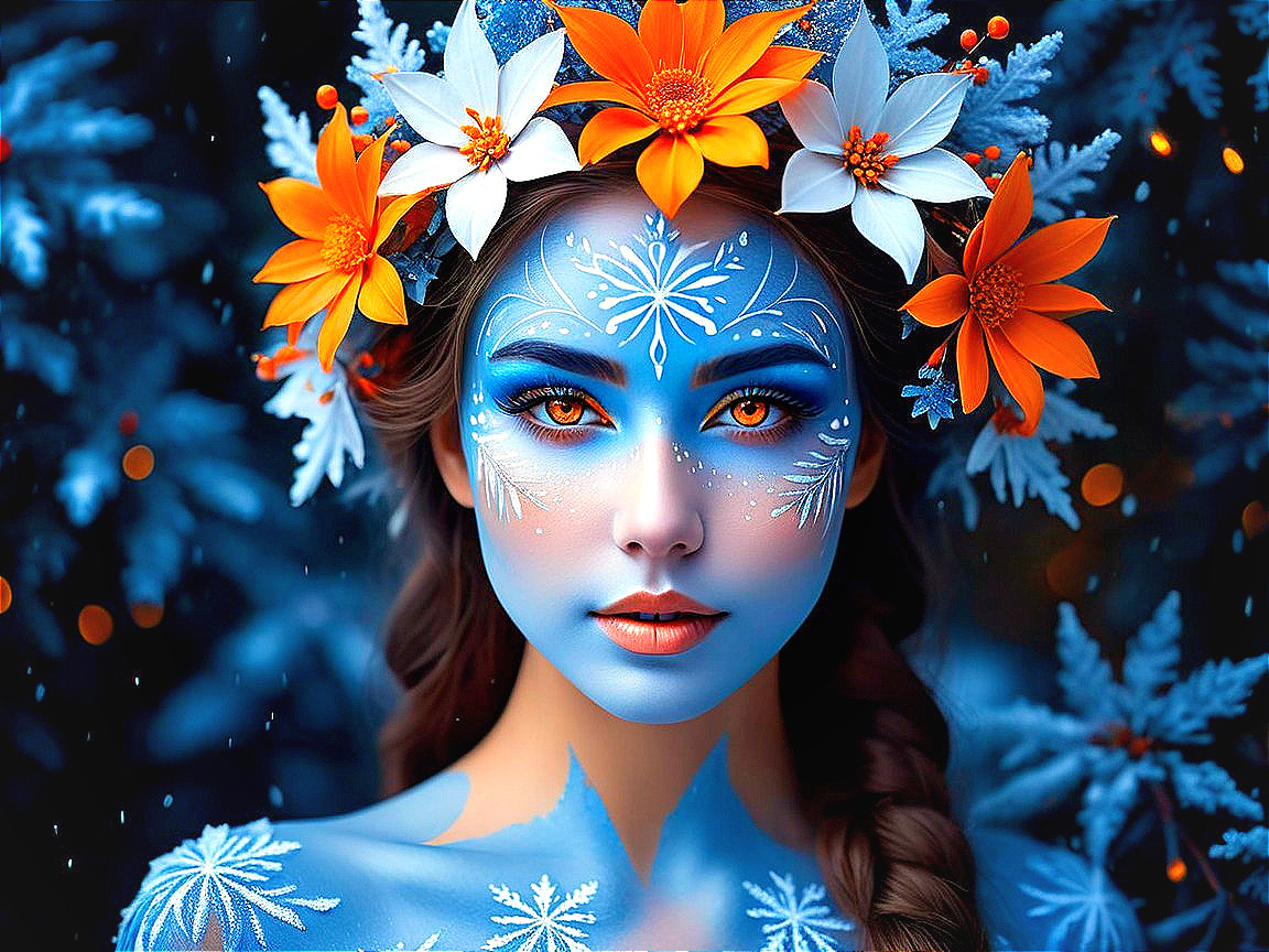 Portrait of a woman with blue face paint and floral crown