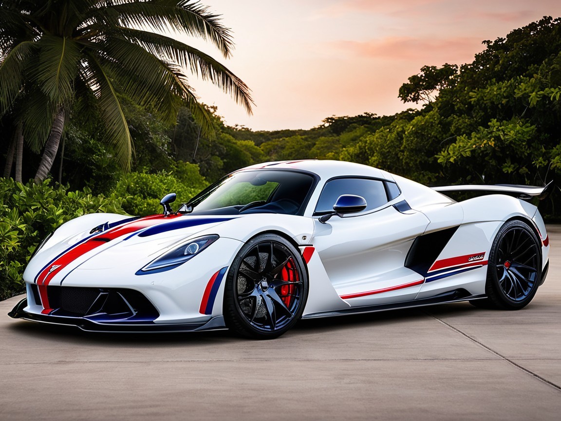 High-Performance Sports Car with Stripes and Sunset Background