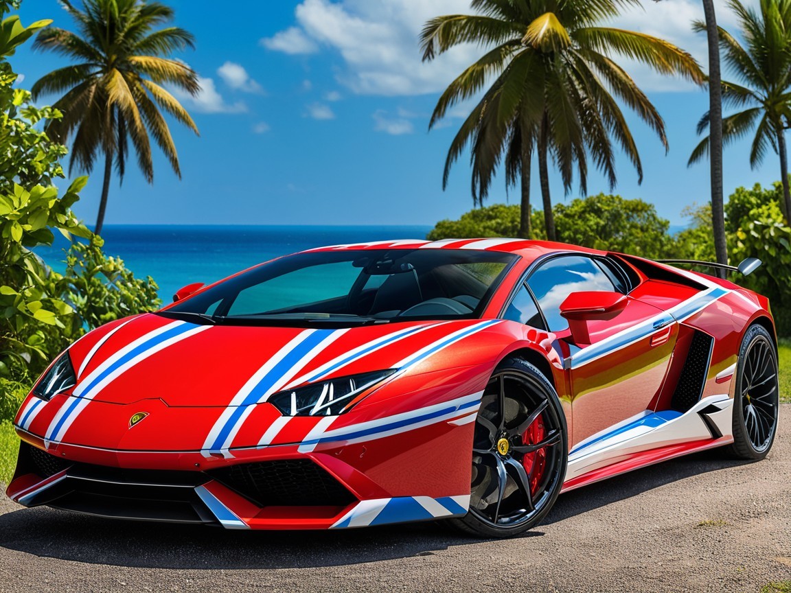 Red Lamborghini Huracán with Union Jack stripes in tropical setting