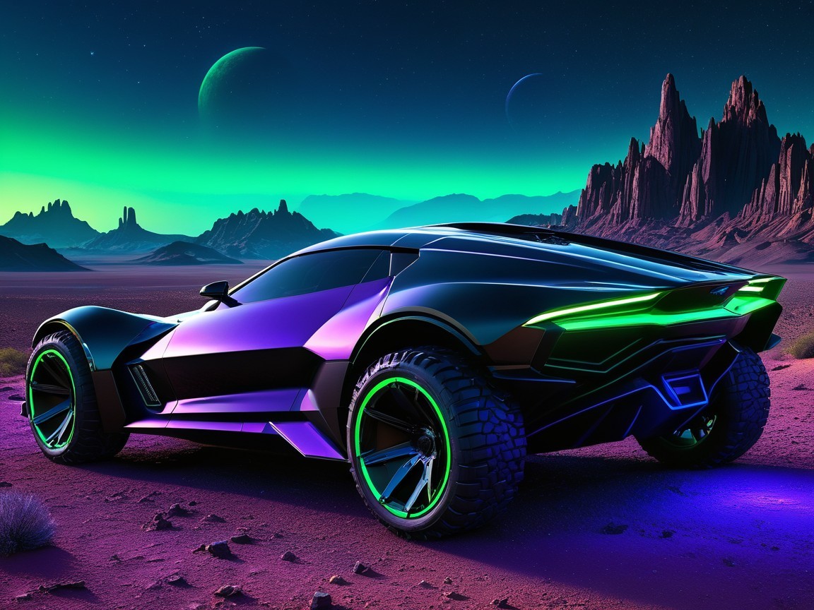 Futuristic Car in Alien Landscape with Starry Sky