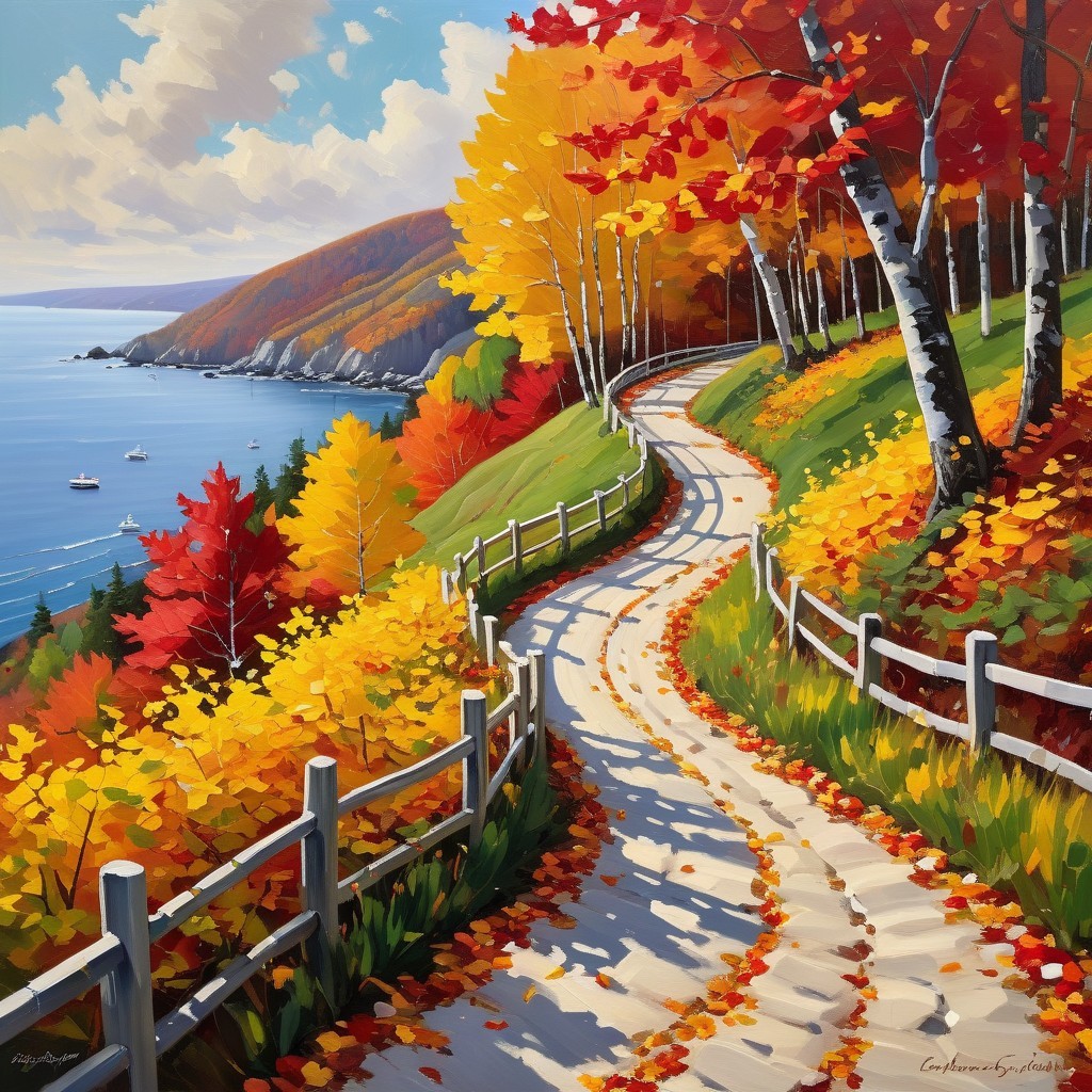 Autumn Landscape with Winding Path and Ocean View