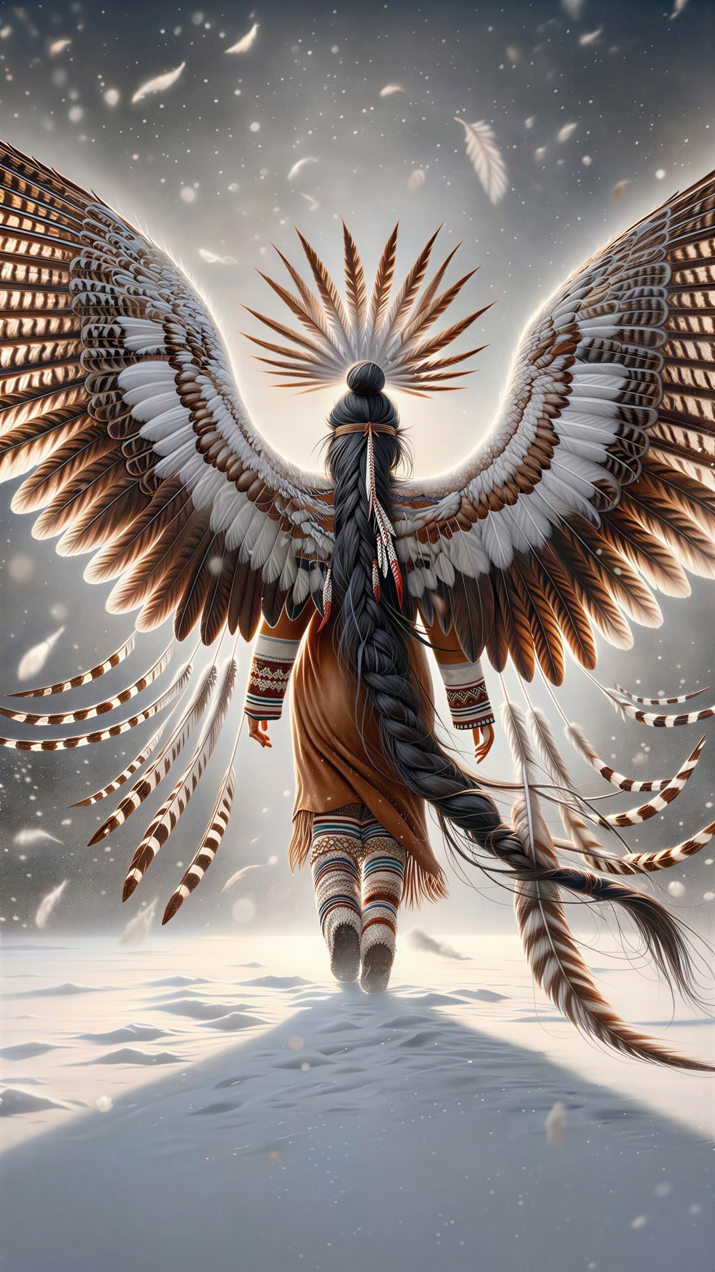 Angelic Native American Woman Walking in Snow with Wings