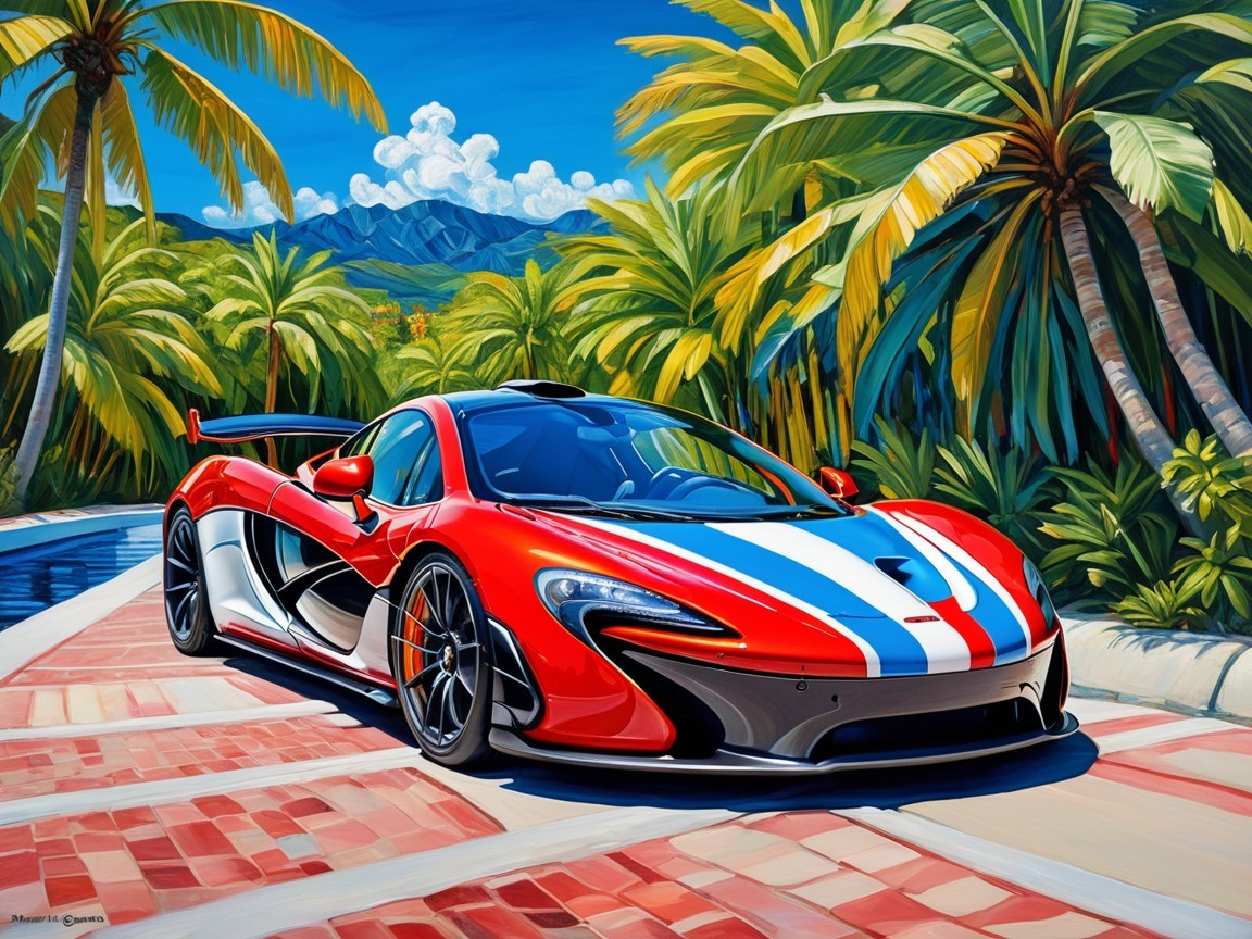 Red McLaren P1 with Racing Stripes in Tropical Setting