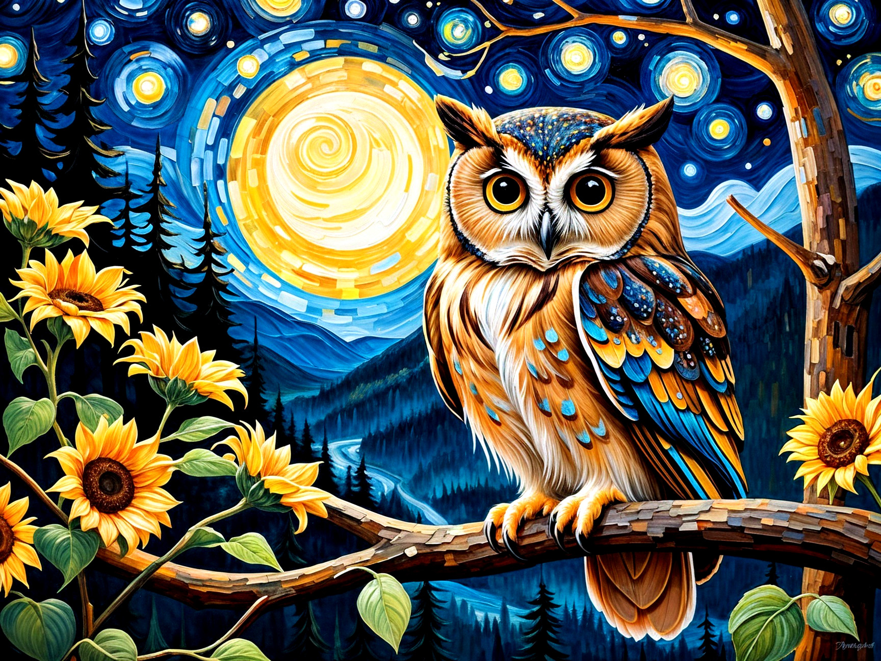 Owl on Branch at Night with Sunflowers and Moon