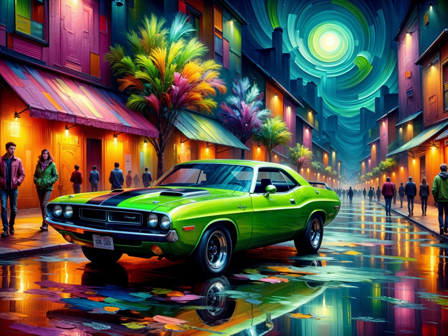 Vibrant Street Scene with Classic Green Muscle Car