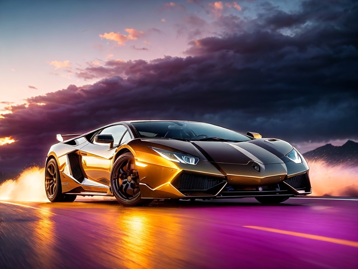 Black Lamborghini Aventador Under Sunset Sky