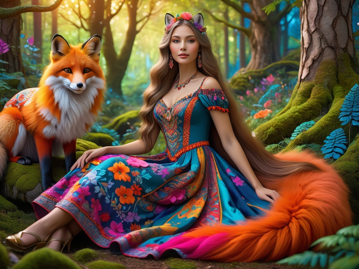 Young Woman with Fox in a Vibrant Forest Setting
