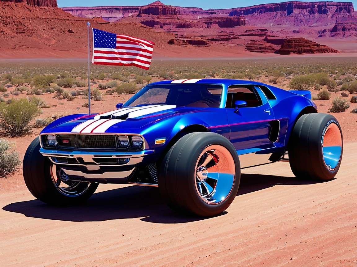 Custom Blue Muscle Car with American Flag in Desert