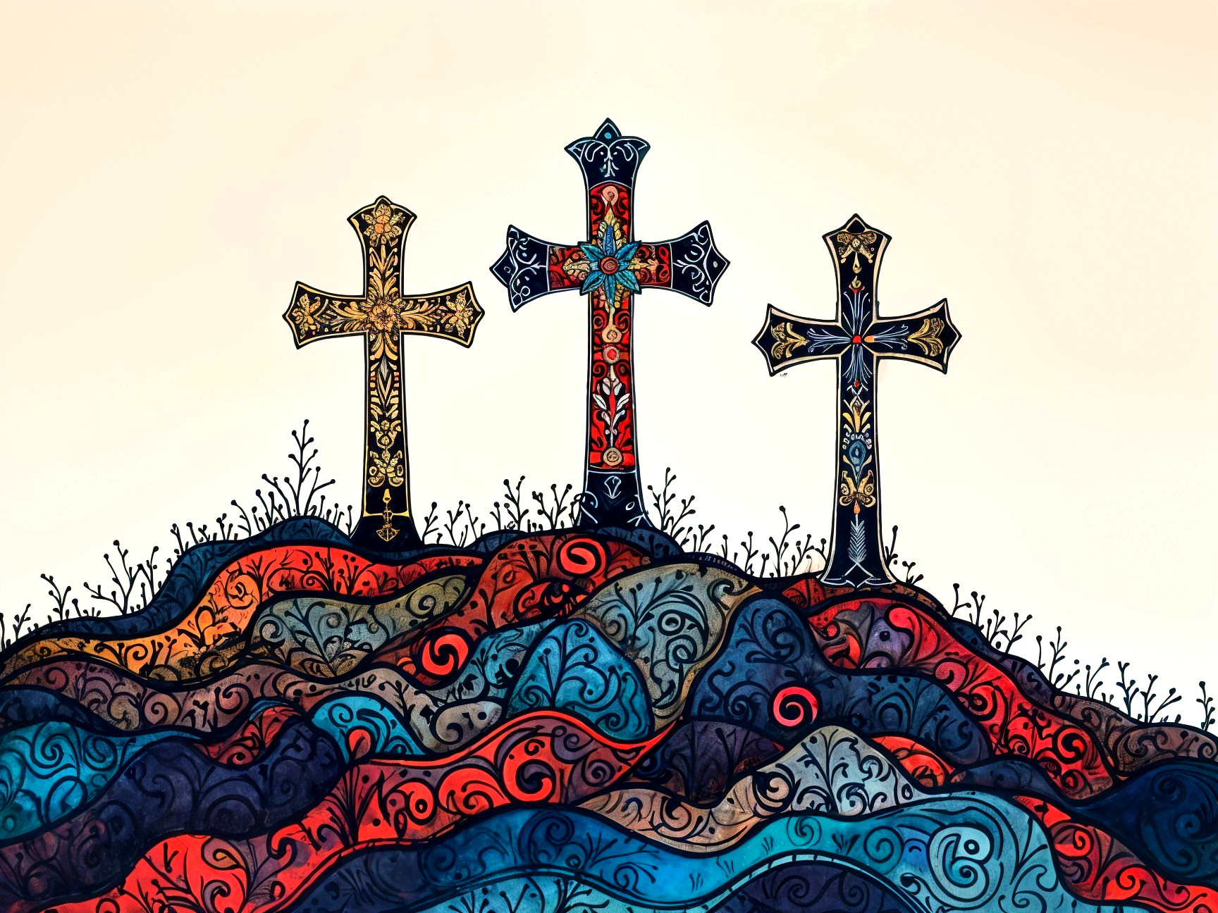 Intricate Cross Designs in a Serene Landscape