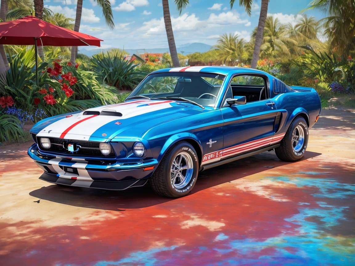 Classic Blue Ford Mustang in Tropical Setting