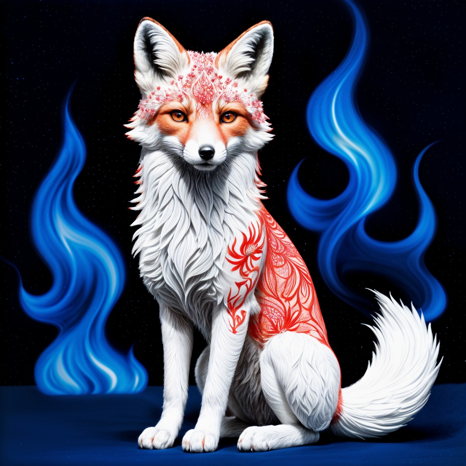 Mystical Fox with Intricate Patterns and Flames