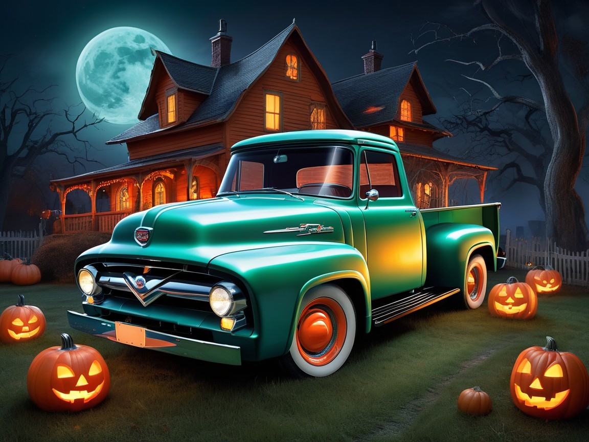 Vintage Green Pickup Truck by Spooky House at Night
